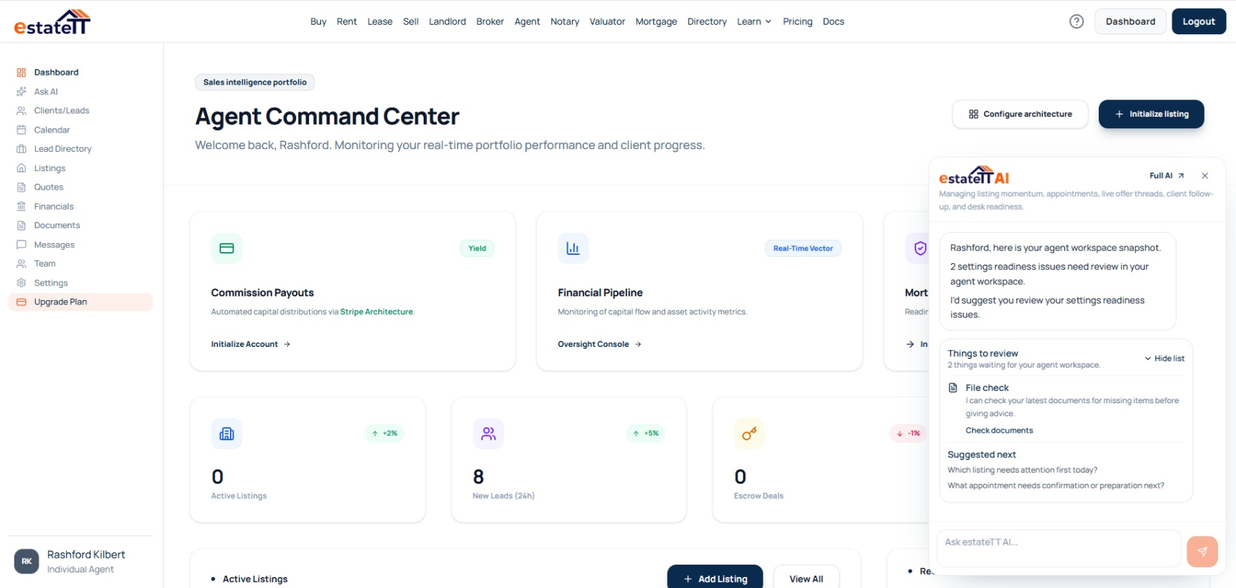 estateTT individual agent dashboard showing listings, clients, appointments, and activity