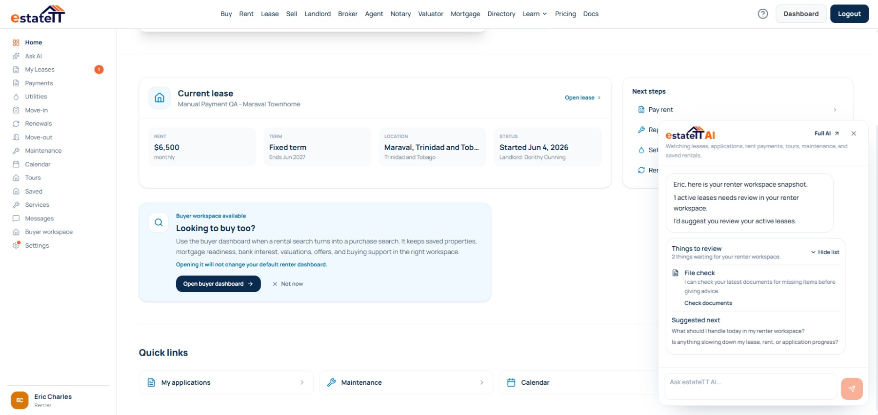 estateTT renter account showing rental search and lease activity