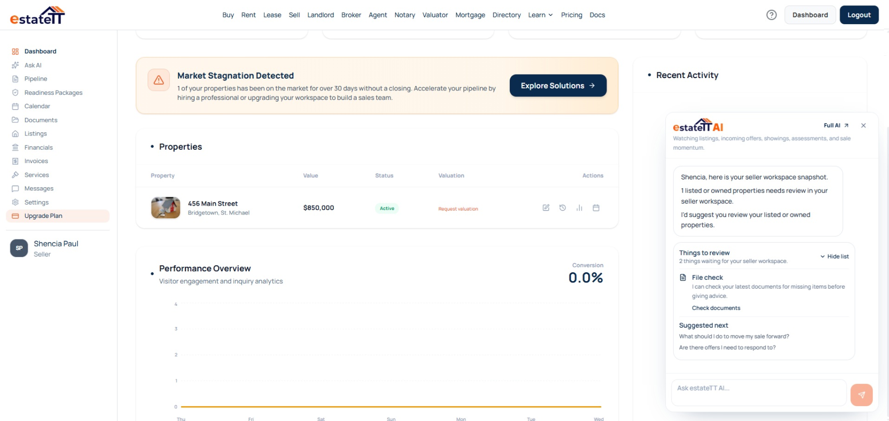estateTT individual seller dashboard showing a property listing and seller account activity